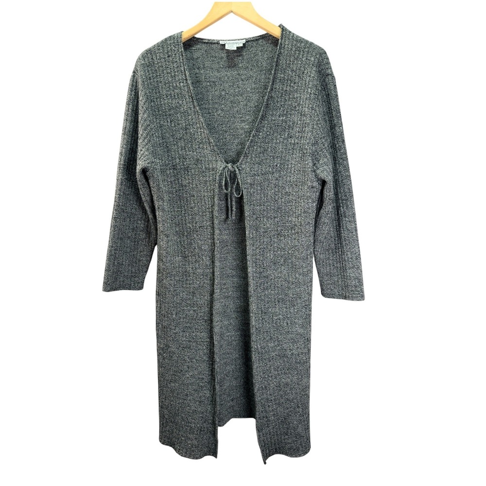 I.K.C. for Country Wear Duster Cardigan Women L Gray Ribbed Tie Front Wool Blend